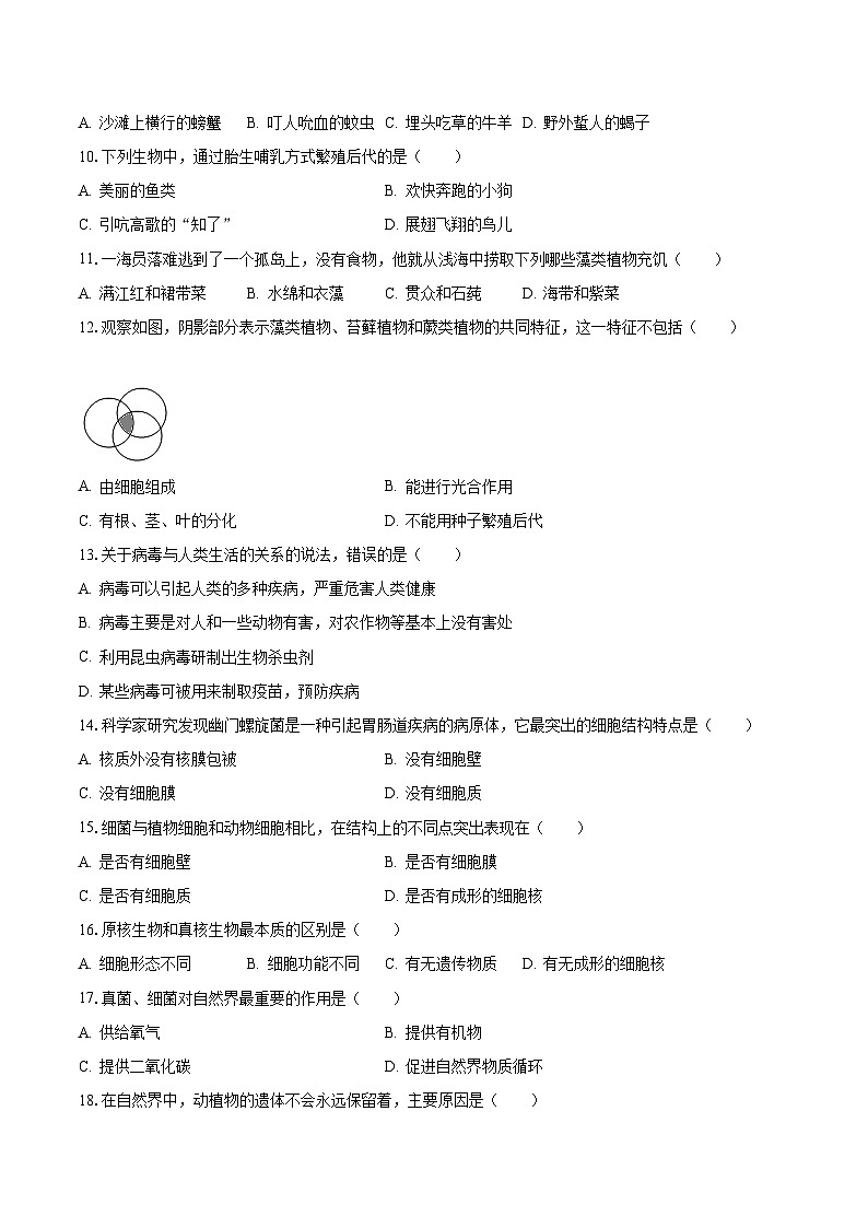 江苏省盐城市滨海县滨淮初中教育集团2023-2024学年八年级上学期第一次月考生物试卷第2页