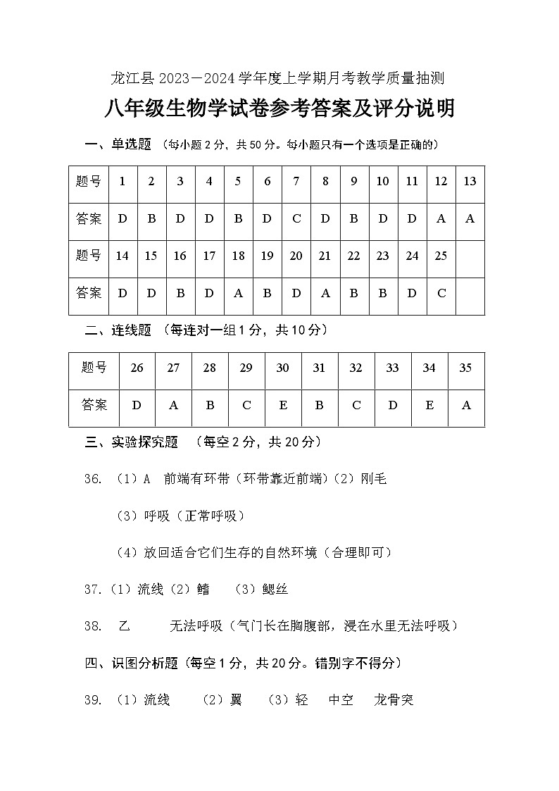 八年级生物月考试题参考答案第1页