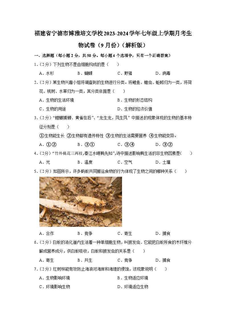 福建省宁德市博雅培文学校2023-2024学年七年级上学期9月份月考生物试卷01