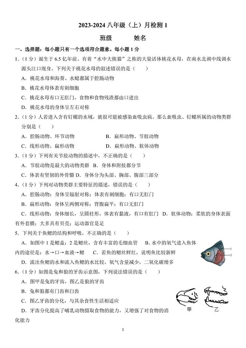 山东省日照市五莲县北京路中学2023-2024学年八年级上学期第一次过程性检测生物试题第1页