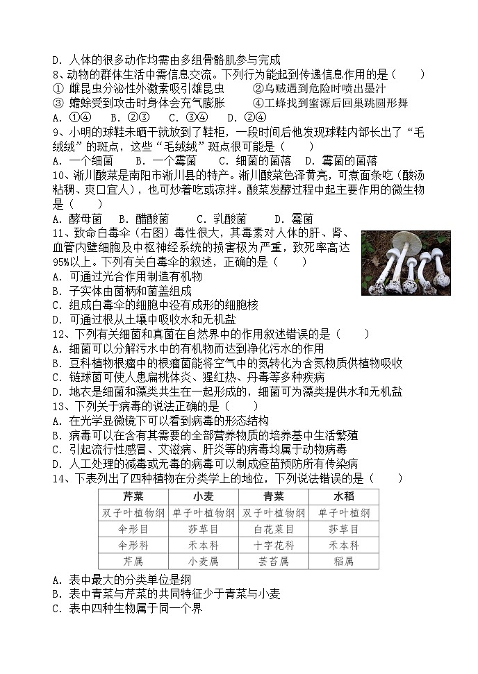 河南郑州市外国语中学-2022-2023学年八上生物期末试卷02
