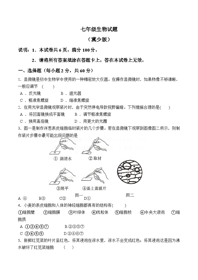 河北省邢台市新河县2022-2023第一学期期末考试卷七年级生物冀少版0101