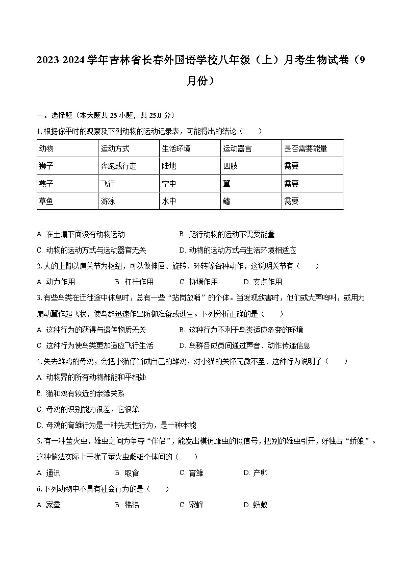 2023-2024学年吉林省长春外国语学校八年级（上）月考生物试卷（9月份）（含解析）01