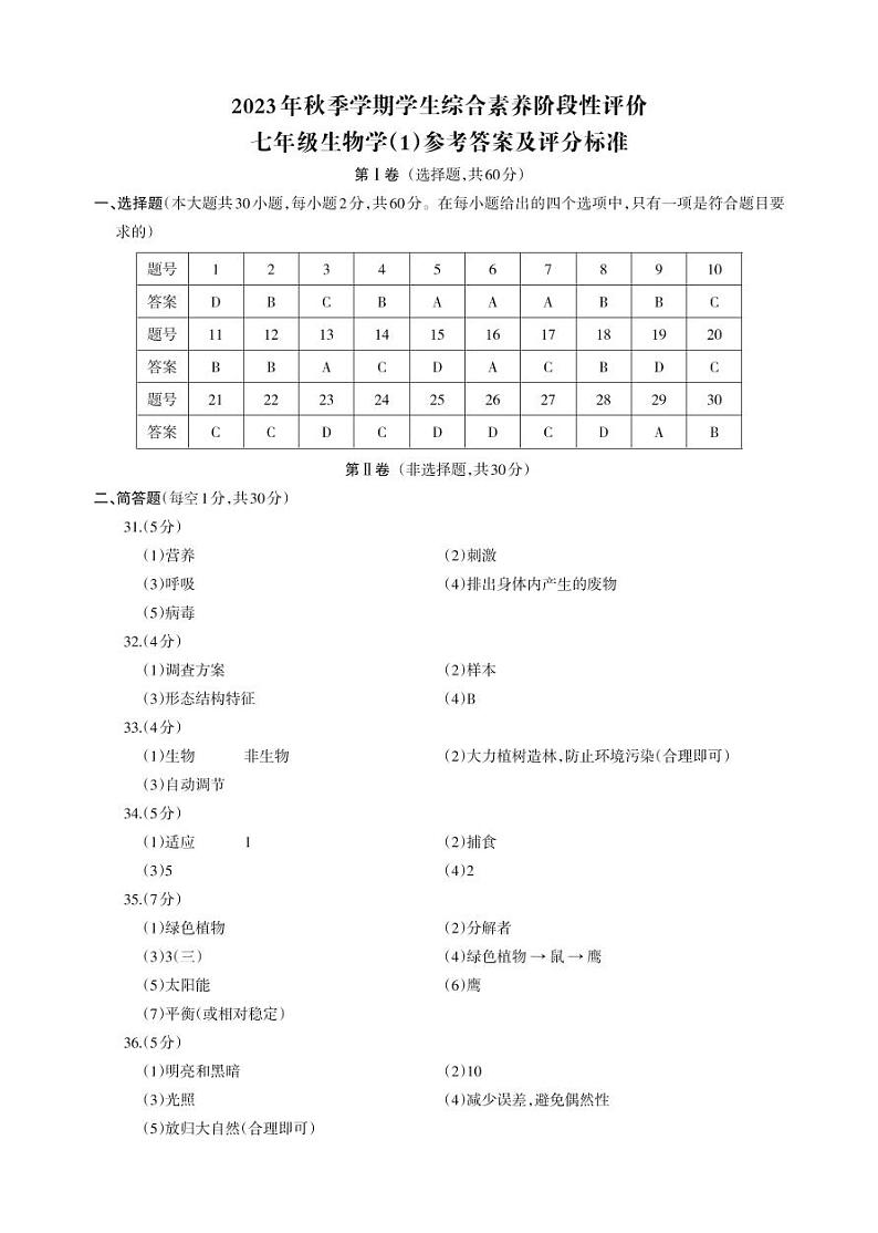 云南省昭通市昭阳区第一中学2023-2024学年七年级上学期10月月考生物试题01