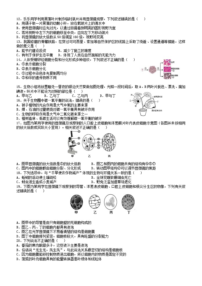 湖南省张家界市桑植县2022--2023学年七年级上学期生物期末考试测试卷02