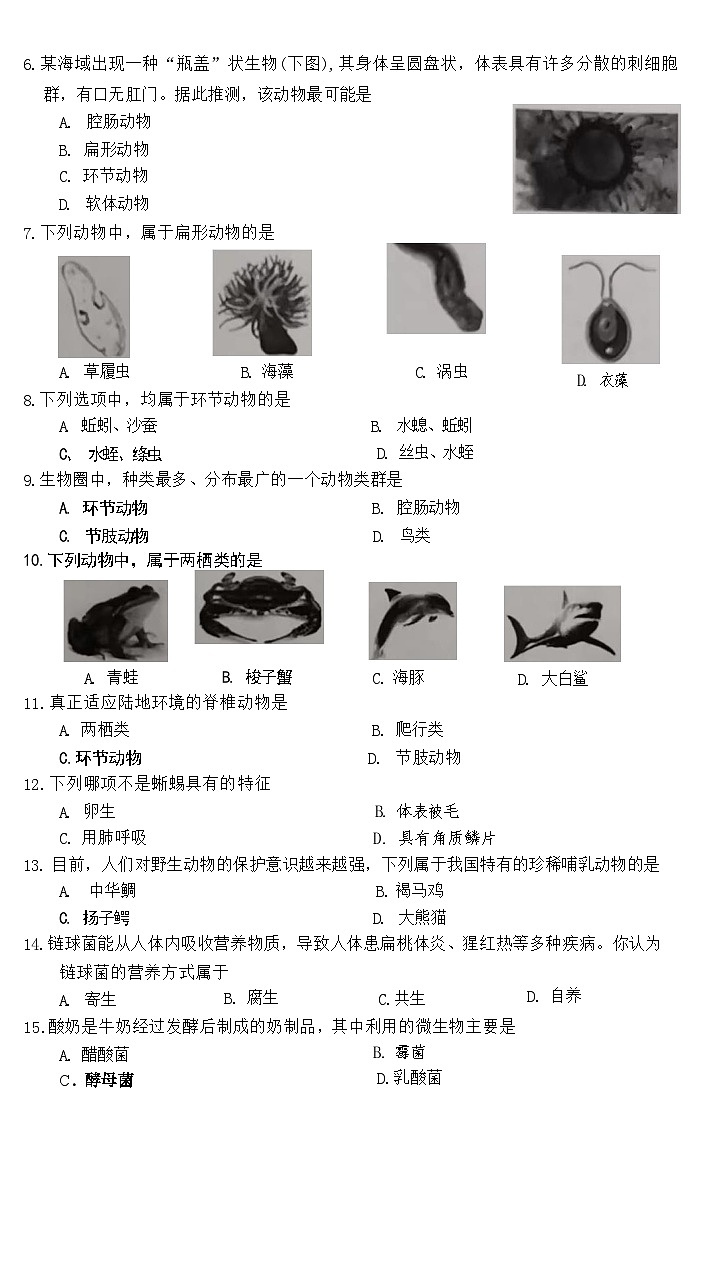 安徽省滁州市凤阳县官塘中学2023-2024学年八年级上学期10月月考生物试题02