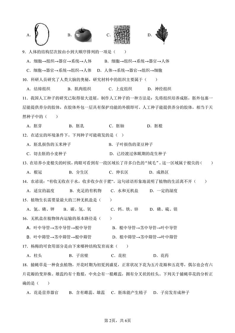 广东省肇庆市第一中学2023-2024学年八年级上学期8月开学暑期检测生物02