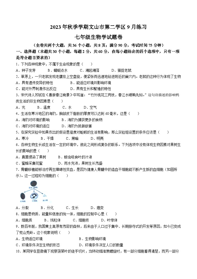 云南省文山州文山市第二学区2023-2024学年七年级上学期9月月考生物试题第1页