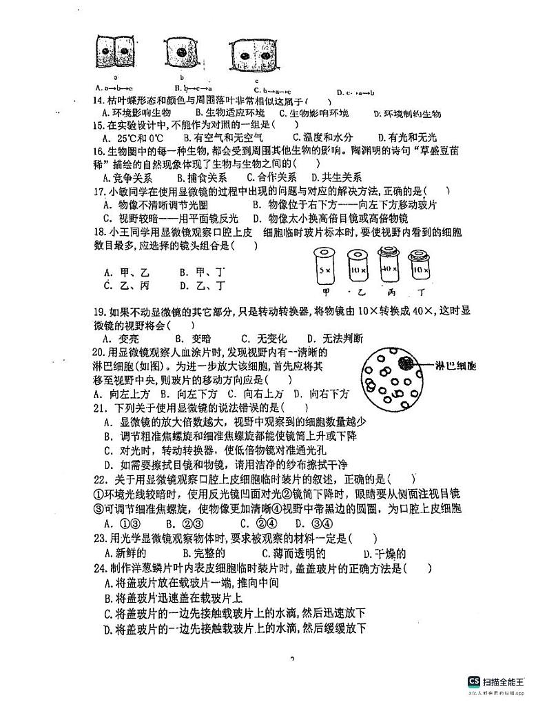 广东省惠州市惠阳中山中学2023-2024学年七年级上学期10月月考生物试题02