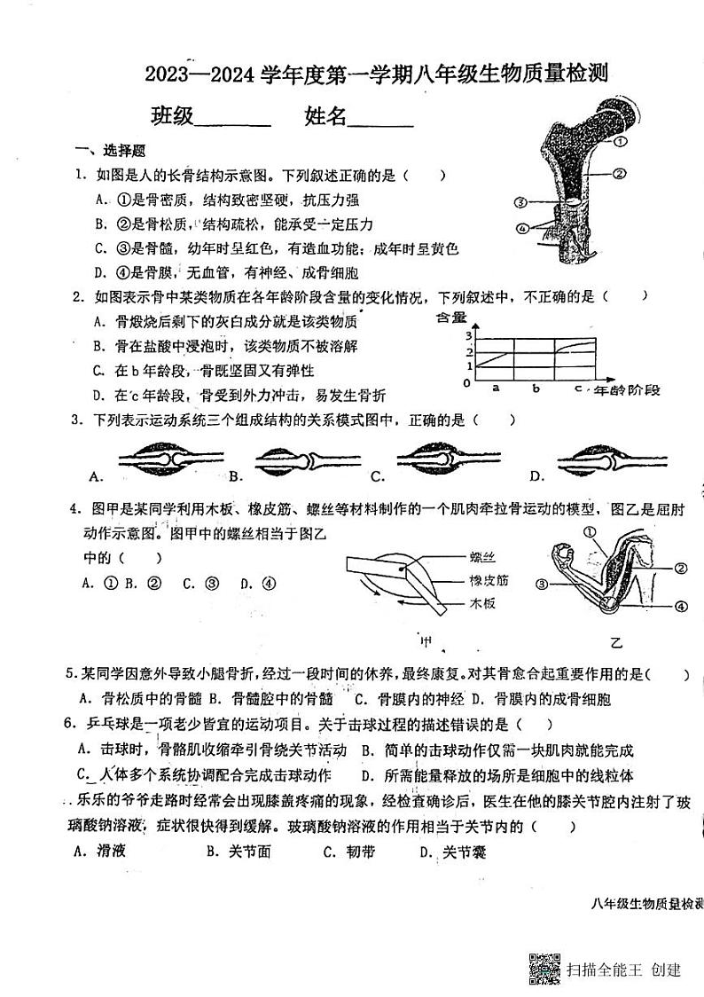 河北省廊坊市第四中学2023-2024学年八年级上学期10月月考生物试题第1页