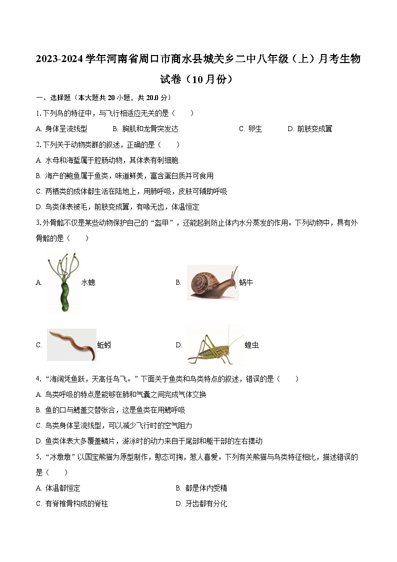 2023-2024学年河南省周口市商水县城关乡二中八年级（上）月考生物试卷（10月份）（含解析）第1页