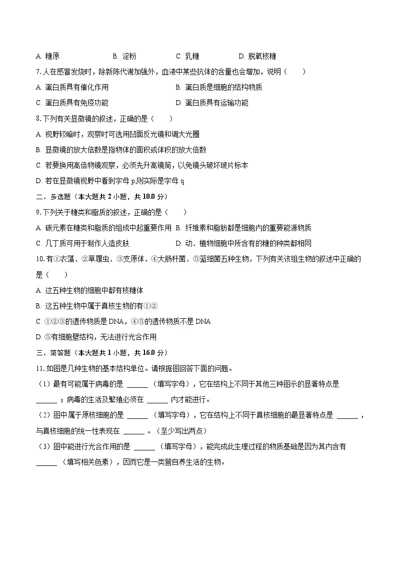 2023-2024学年江苏省苏州中学少预班九年级（上）月考生物试卷（10月份）（含解析）02