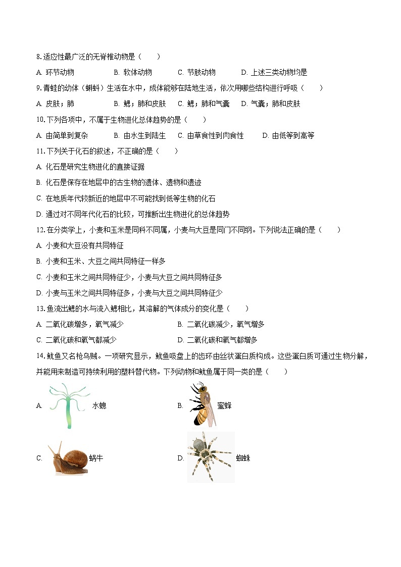 2023-2024学年吉林省长春市榆树市八号镇中八年级（上）月考生物试卷（9月份）（含解析）第2页