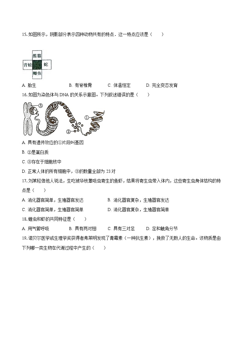 2023-2024学年吉林省长春市榆树市八号镇中八年级（上）月考生物试卷（9月份）（含解析）第3页