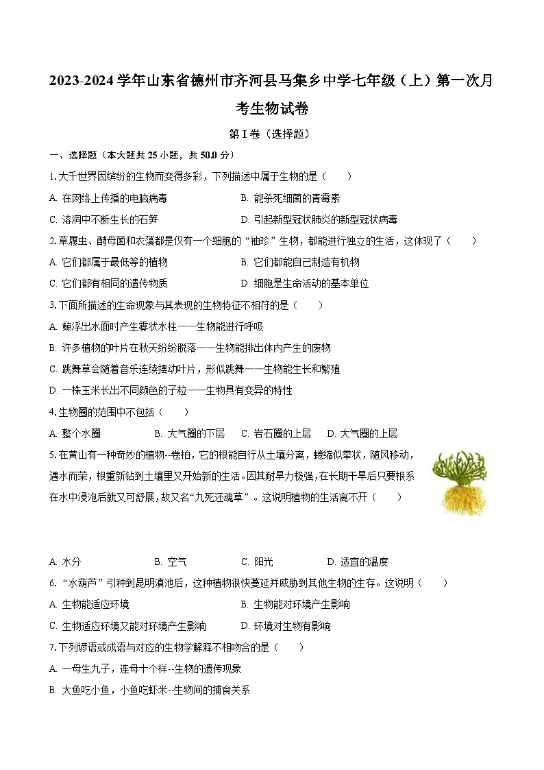 2023-2024学年山东省德州市齐河县马集乡中学七年级（上）第一次月考生物试卷（含解析）第1页
