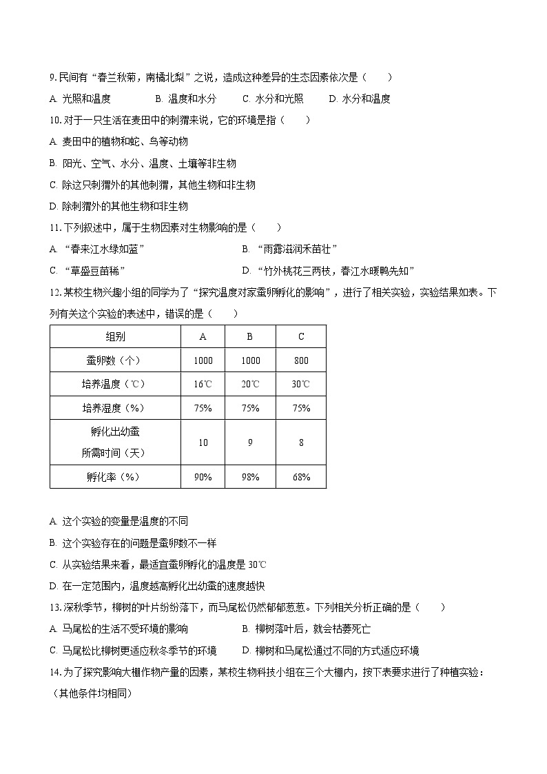2023-2024学年江苏省南通一中七年级（上）月考生物试卷（10月份）（含解析）03