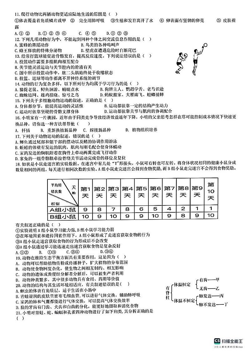 山东省东营市广饶县大王镇中心初中2023-2024学年八年级上学期10月月考生物试卷02