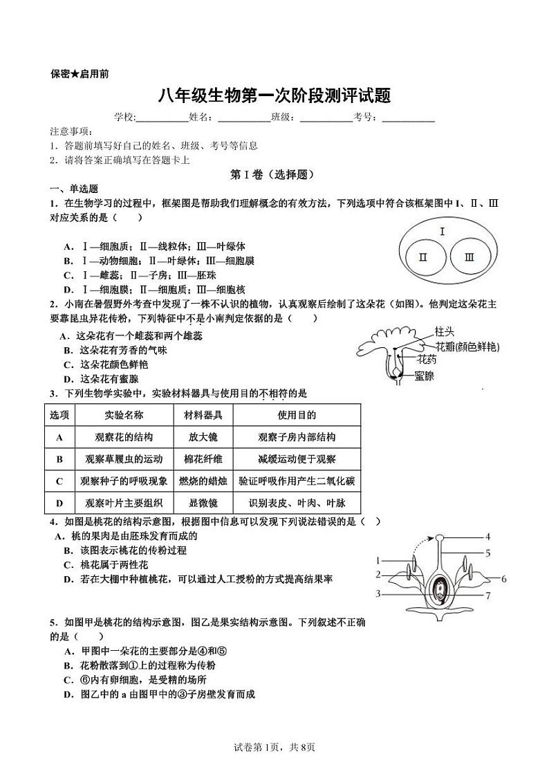 山东省乐陵市孔镇中学2023-2024学年八年级上学期第一次月考生物试题01
