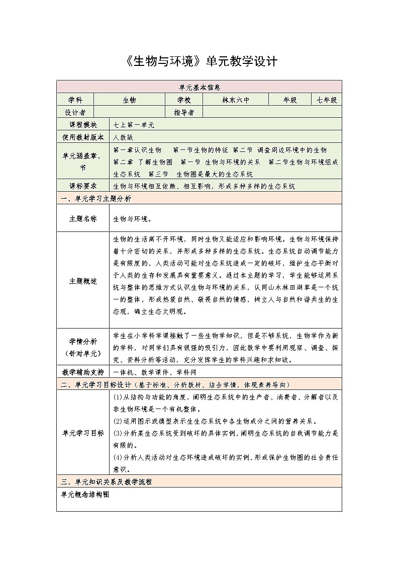 1.2生物与环境大单元教学设计  人教版生物七年级上册01