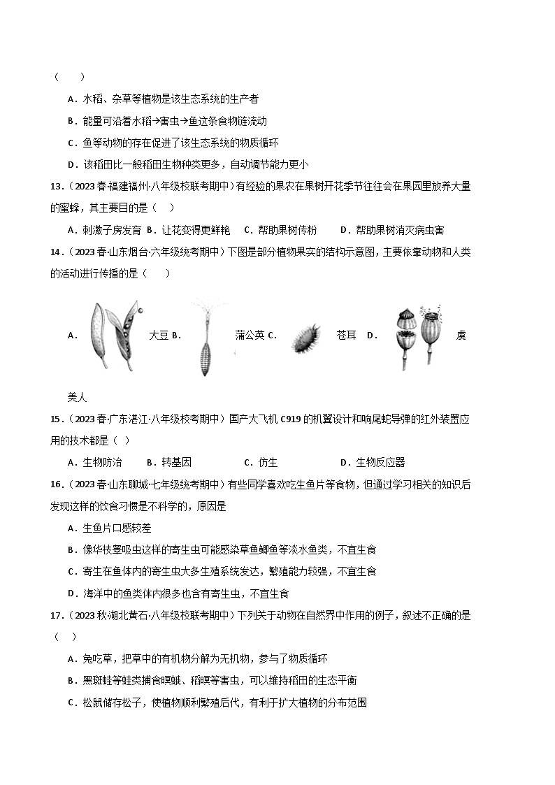 【期中真题】（人教版）2023-2024学年八年级生物上学期期中真题分类专题汇编 专题03 动物在生物圈中的作用-试卷.zip03