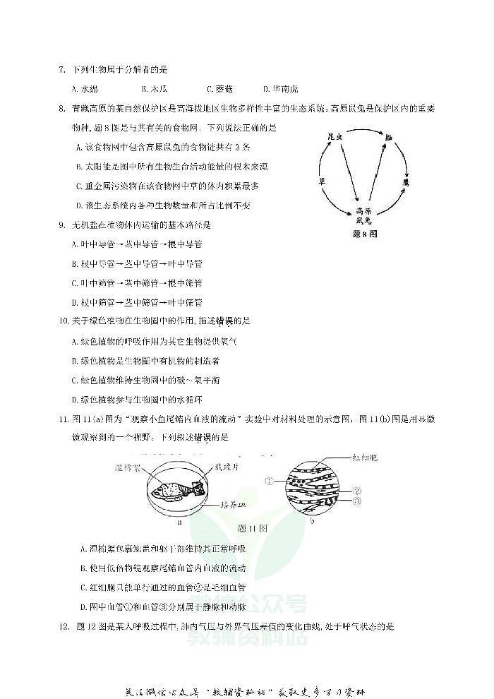 2019广东省汕尾市中考生物真题及答案02