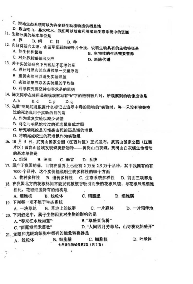广东省珠海市第十中学2023-2024学年七年级上学期期中检测生物试卷02