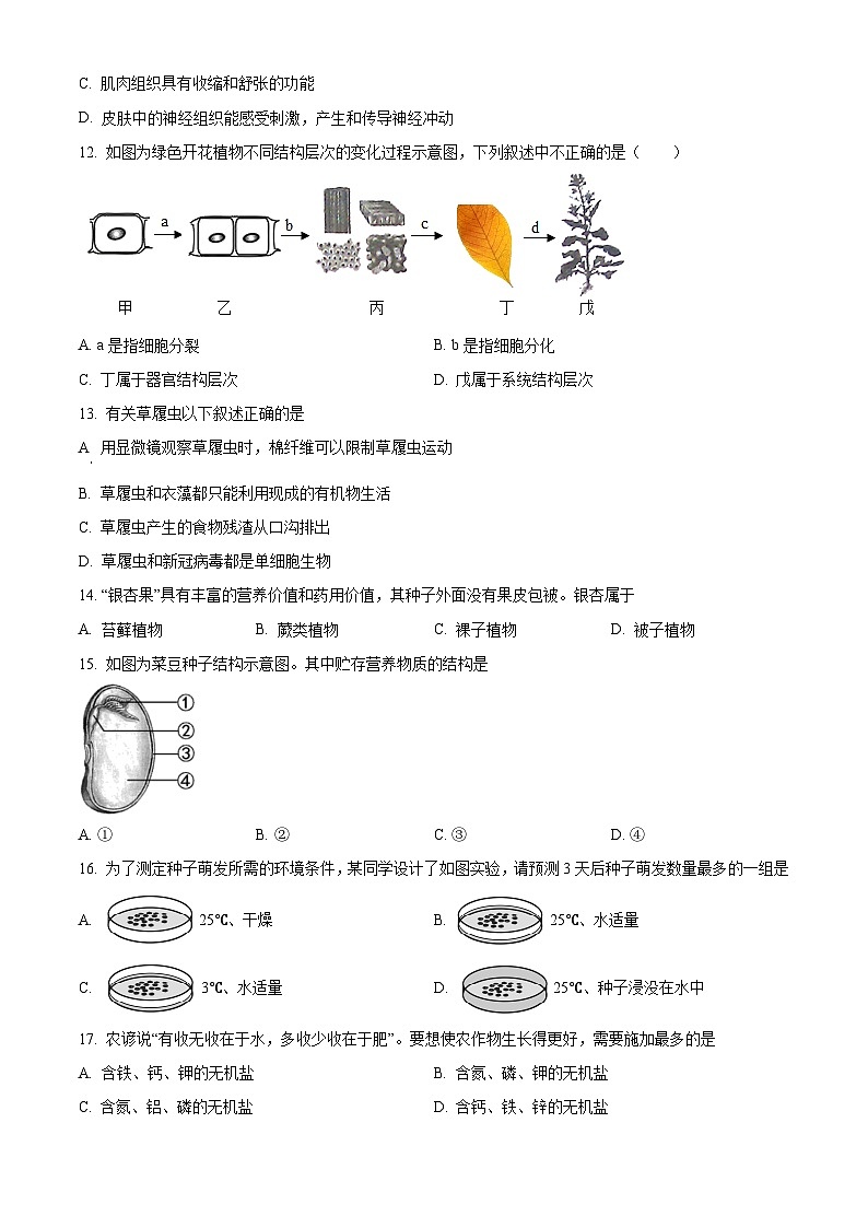 精品解析：河南省郑州市二七区十四中2021-2022学年七年级上学期期末生物试题03