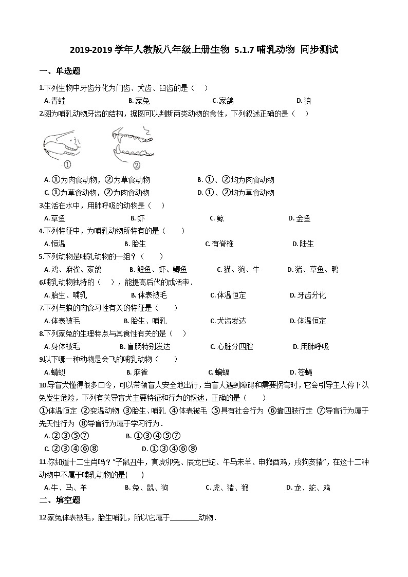人教版八年级上册生物 5.1.7哺乳动物 同步测试（解析版）01