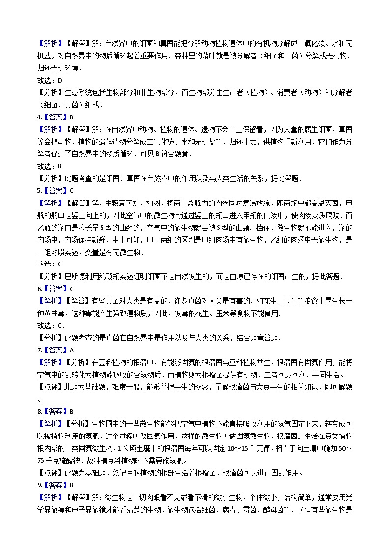 人教版八年级上册生物 5.4.4细菌和真菌在自然界中的作用（解析版） 同步测试03