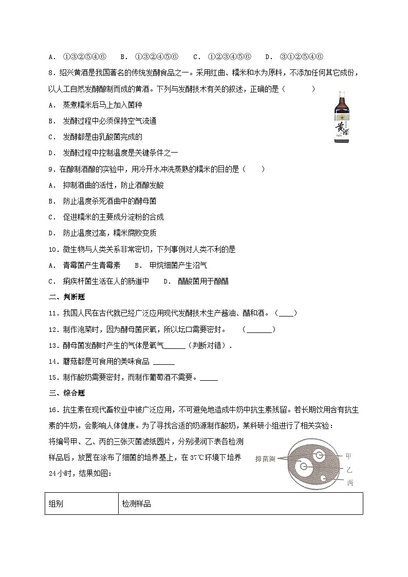 人教版八年级上册生物 5.4.5 人类对细菌和真菌的利用 同步测试02