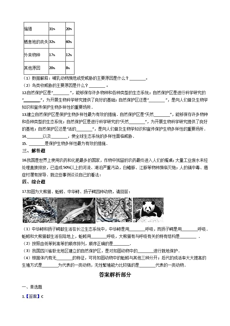 人教版八年级上册生物 6.3保护生物多样性 同步测试（解析版）02