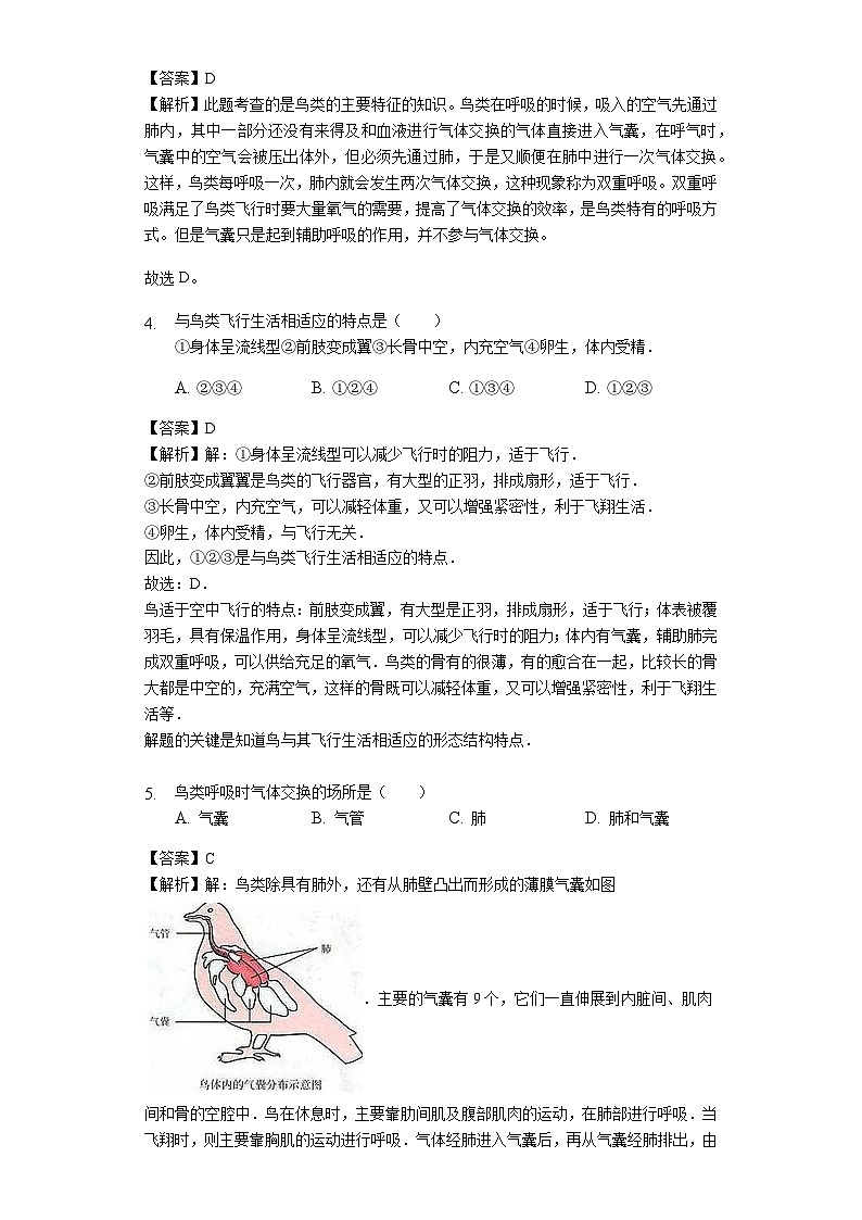 人教版八年级生物上册5.1.6鸟练习（含解析）教师用卷02