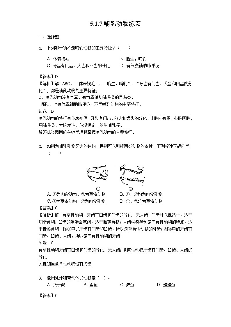 人教版八年级生物上册5.1.7哺乳动物练习（含解析）教师用卷01