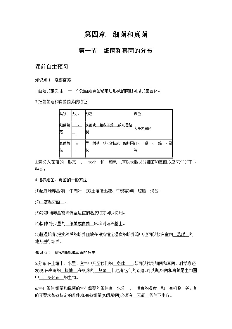 人教版八年级上册生物  5.4.1  细菌和真菌的分布 学案01
