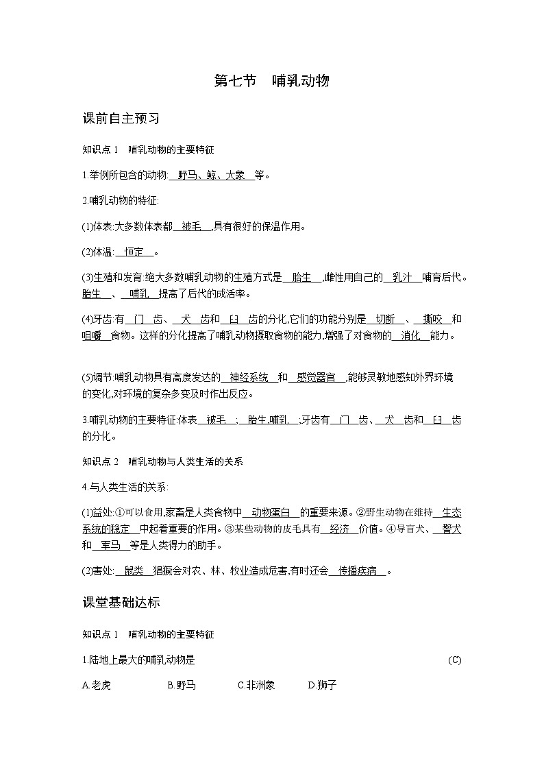 人教版八年级上册生物 5.1.7 哺乳动物 学案01
