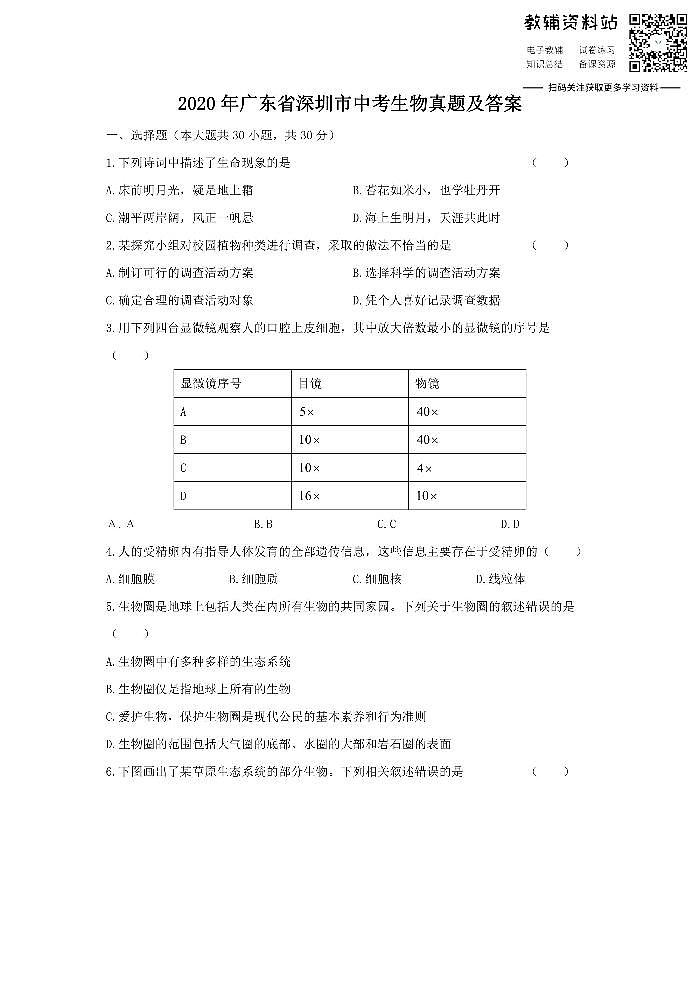 2020广东省深圳市中考生物真题及答案01
