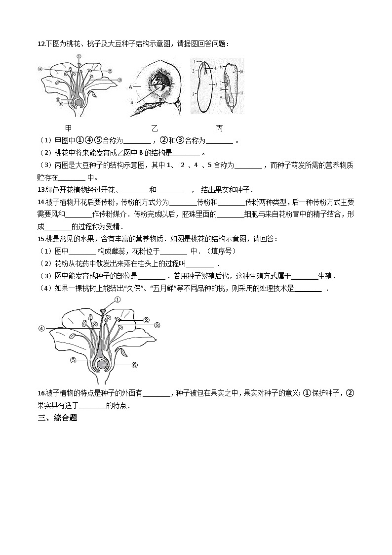 人教版七年级上册生物 3.2.3开花和结果 同步测试02