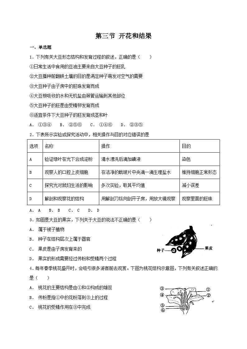 人教版七年级上册生物 3.2.3 开花和结果 同步练习01