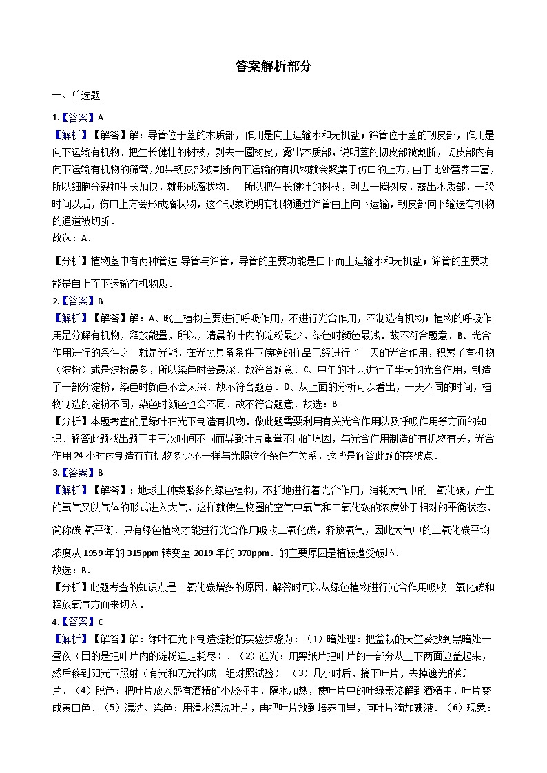 人教版七年级上册生物 3.4绿色植物是生物圈中有机物的制造者 同步测试03