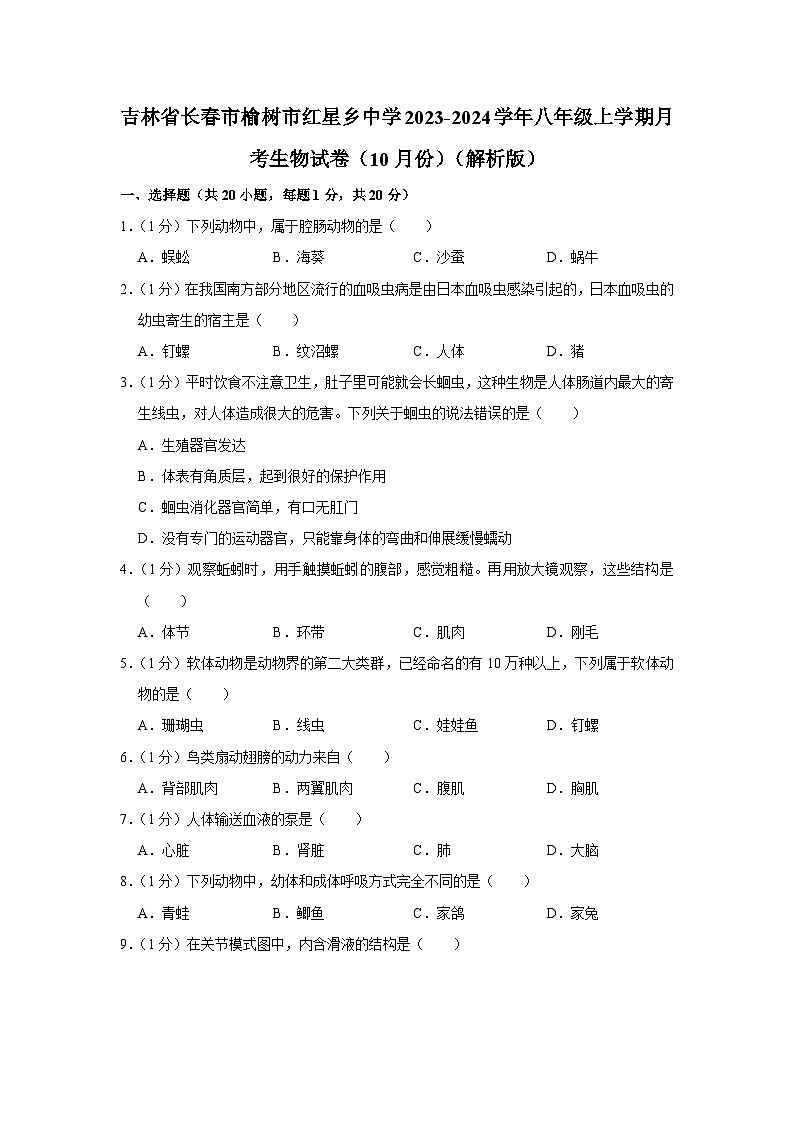 吉林省长春市榆树市红星乡中学2023-2024学年八年级上学期月考生物试卷（10月份）第1页