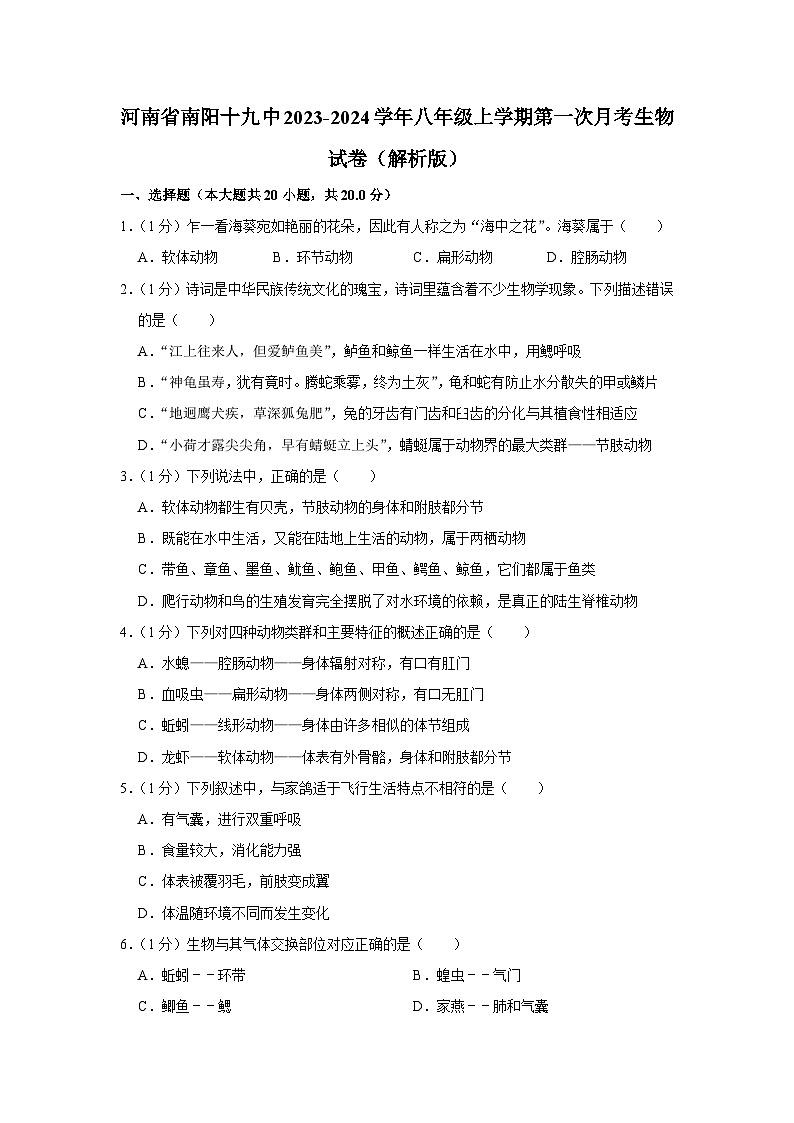 河南省南阳市第十九中学2023-2024学年八年级上学期第一次月考生物试卷01