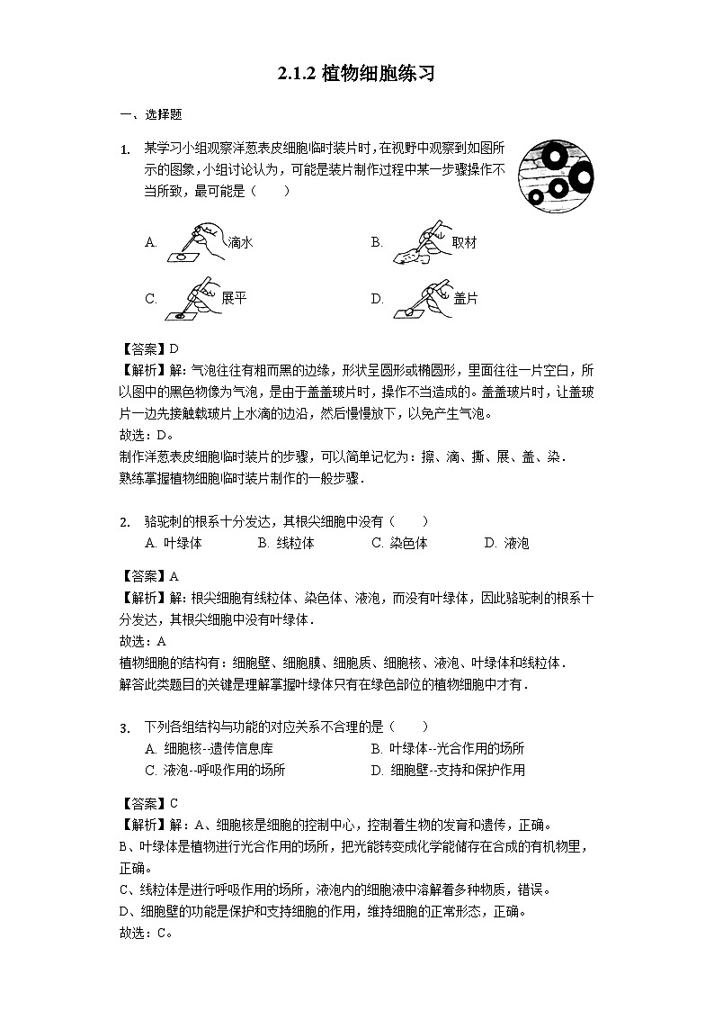 人教版七年级生物上册2.1.2植物细胞练习（含解析）教师用卷第1页
