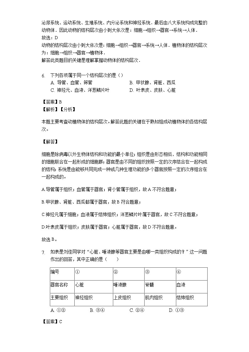 人教版七年级生物上册2.2.2动物体的结构层次练习（含解析）教师用卷03