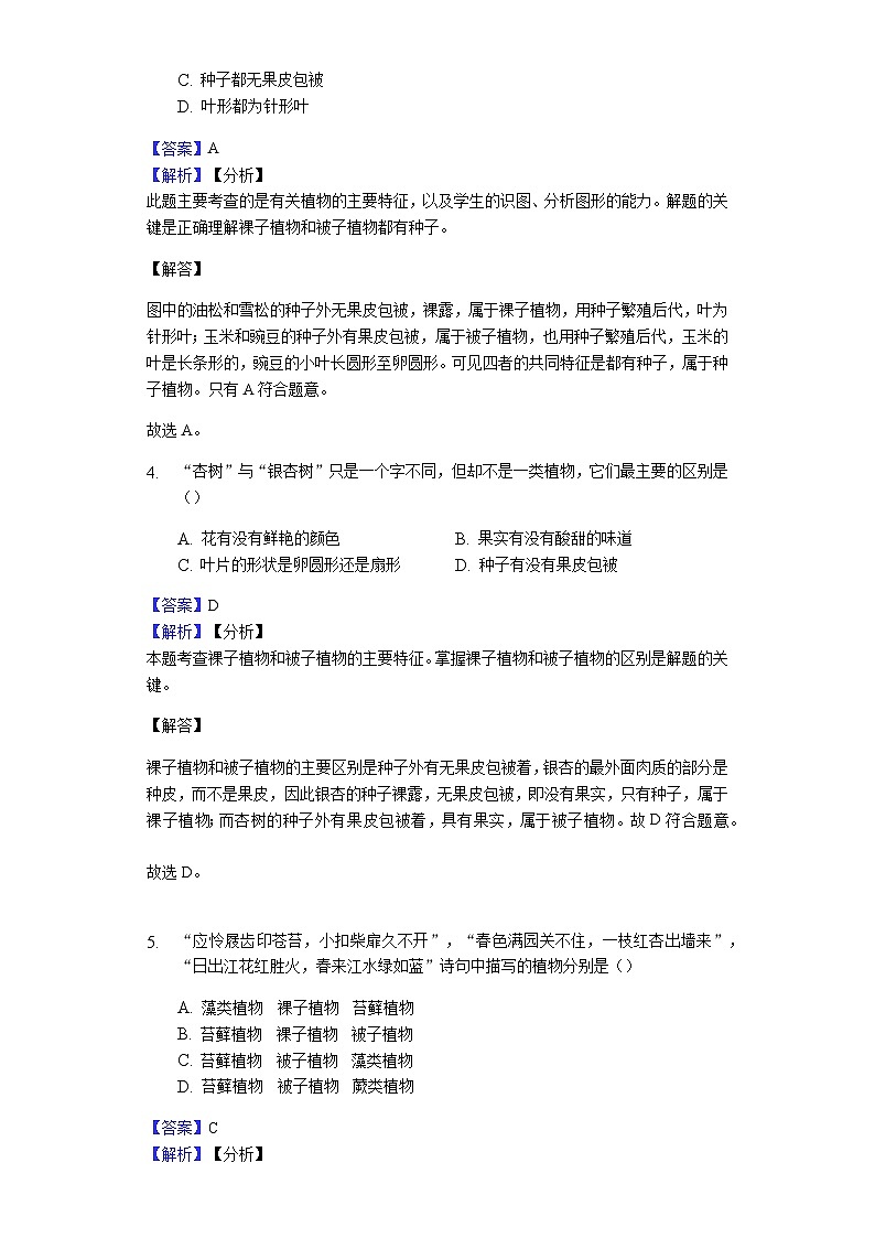 人教版七年级生物上册3.1.2种子植物练习（含解析）教师用卷第2页