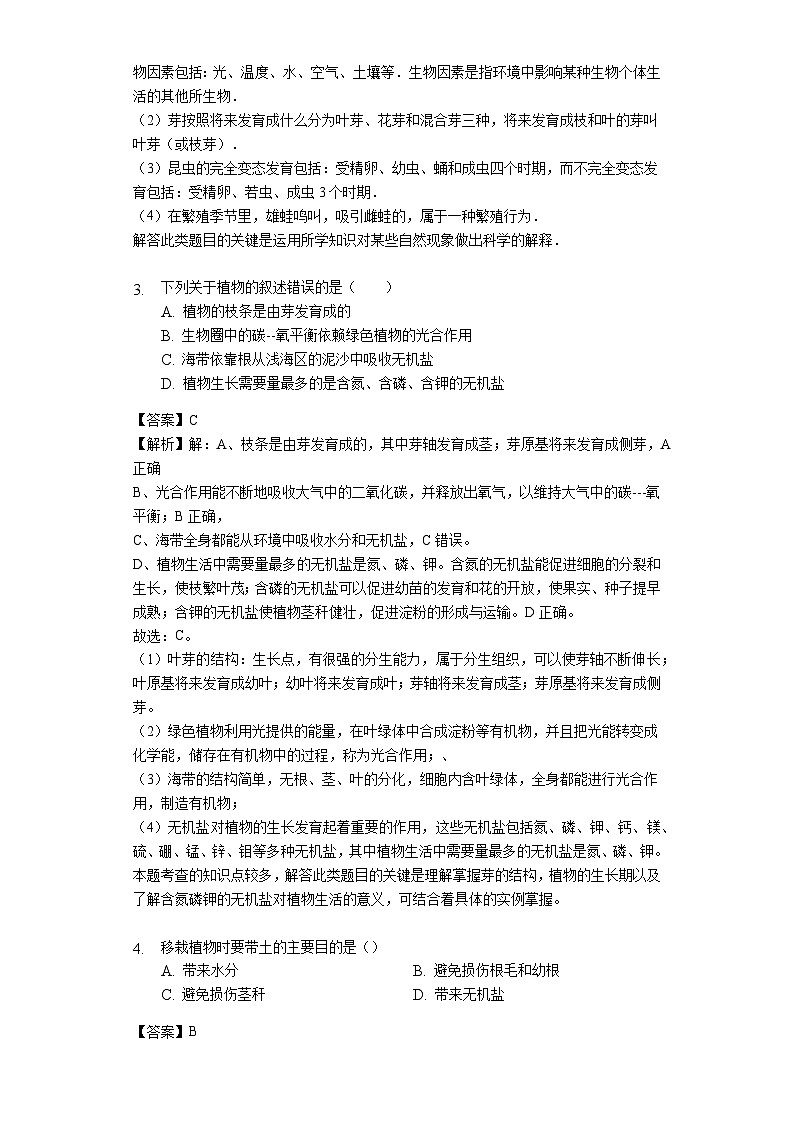 人教版七年级生物上册3.2.2 植株的生长练习（含解析）教师用卷第2页