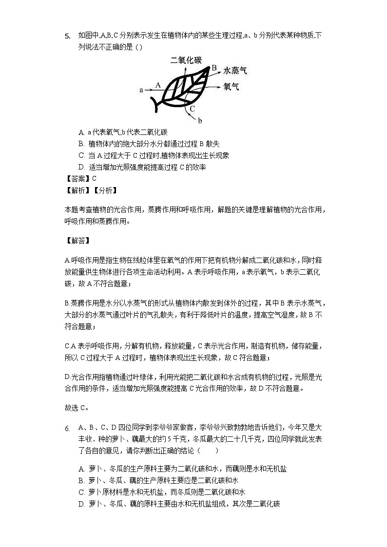 人教版七年级生物上册3.5.1光合作用吸收二氧化碳释放氧气练习（含解析）第3页