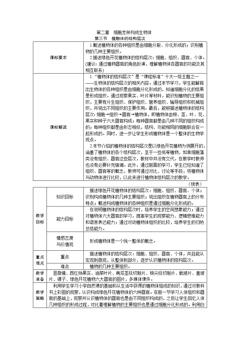 人教版七年级生物上册教案：第二单元 第二章第三节 植物体的结构层次第1页