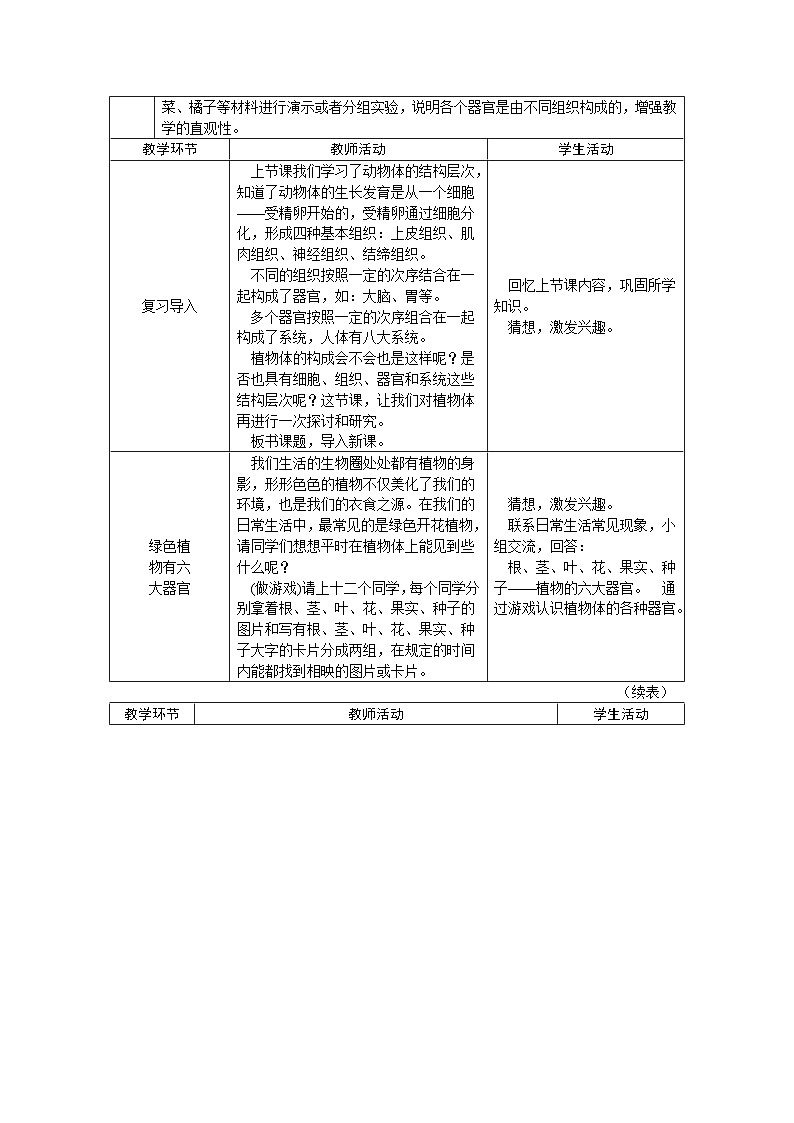 人教版七年级生物上册教案：第二单元 第二章第三节 植物体的结构层次第2页