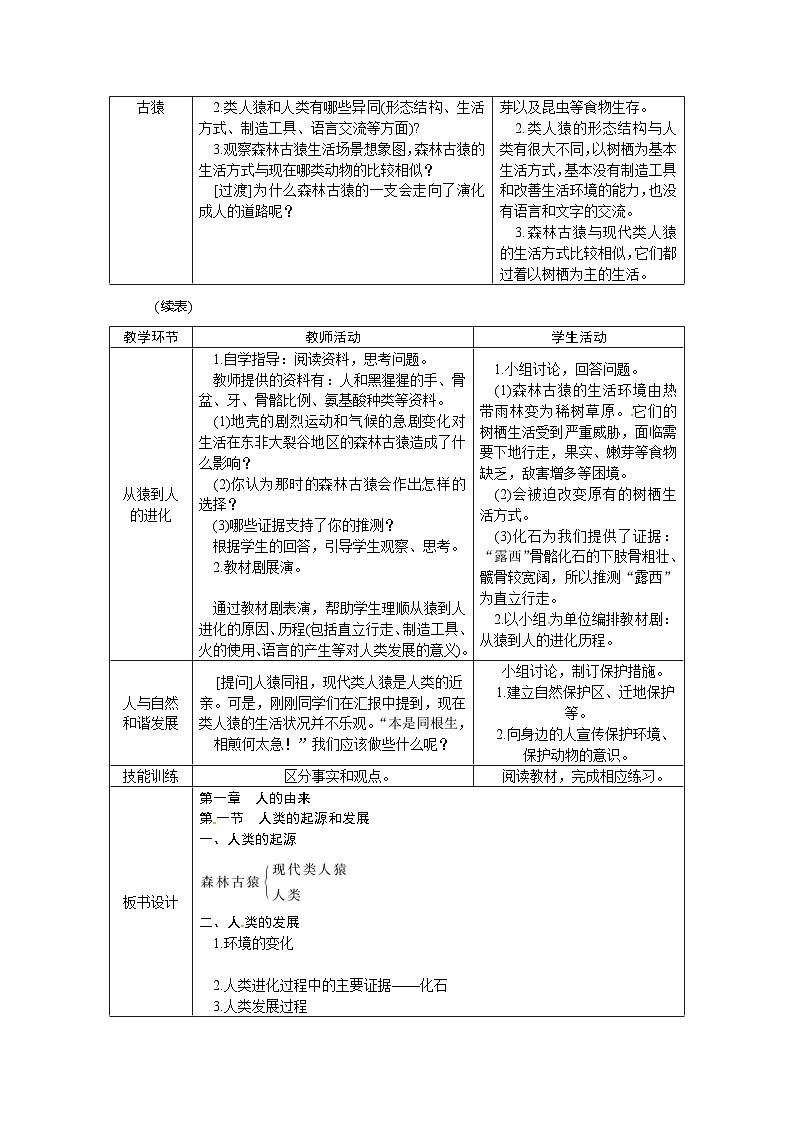 人教版七年级生物下册教案：第一章第一节人类的起源和发展02