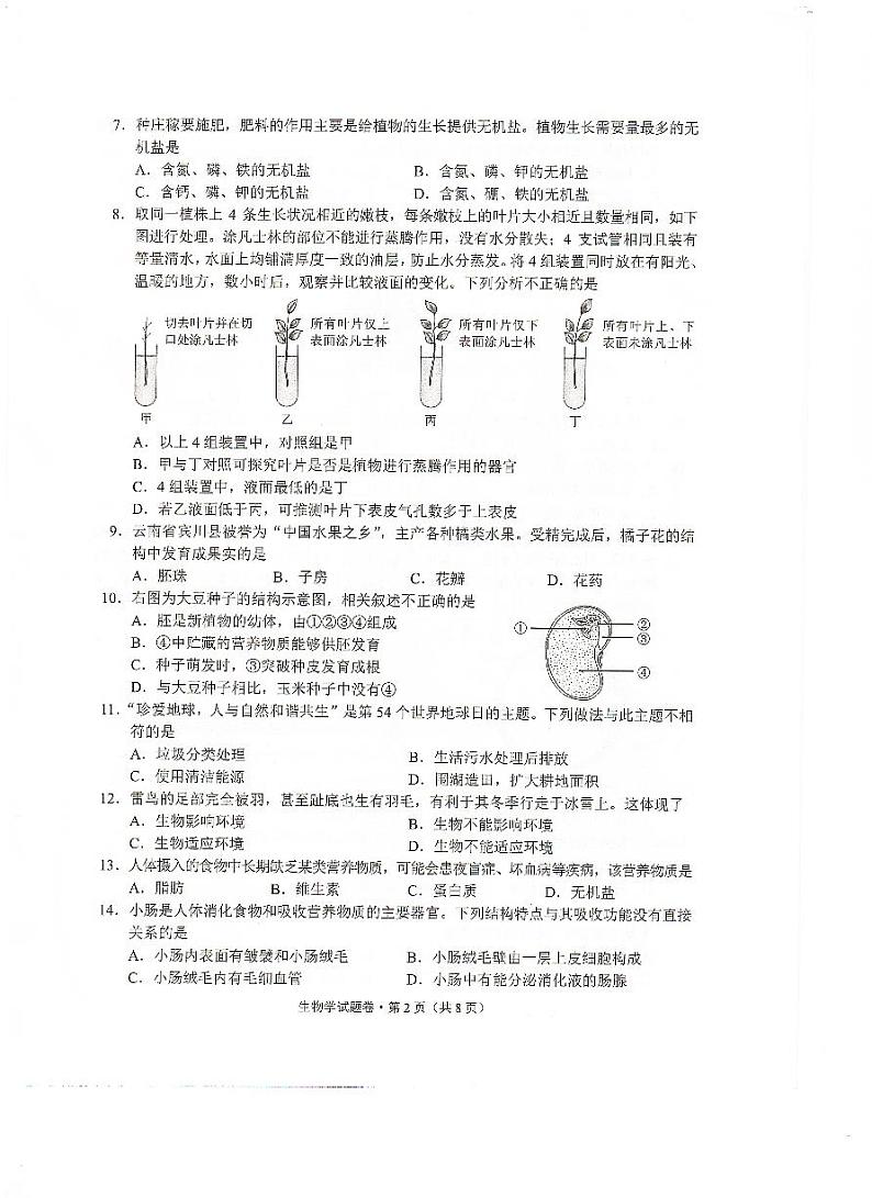 2023年云南省初中学业水平考试生物学试题卷02